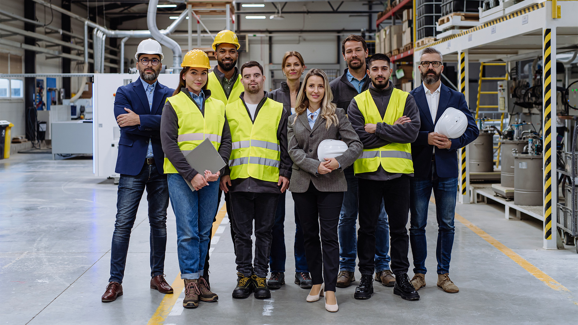 Group of workers wearing high-visibility safety vests, standing together and smiling in an outdoor worksite environment.